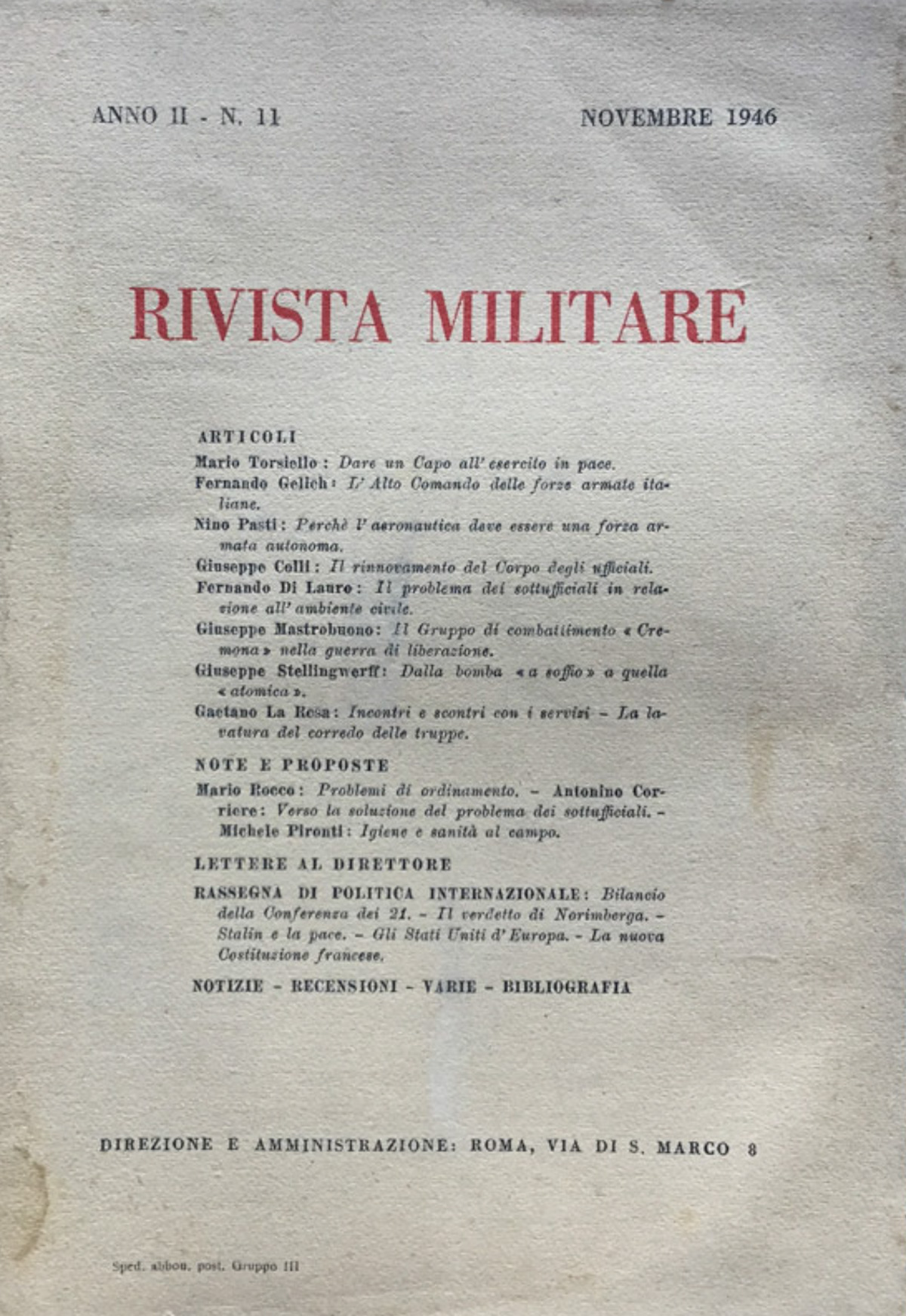 Rivista Militare Anno II n. 11 novembre 1946