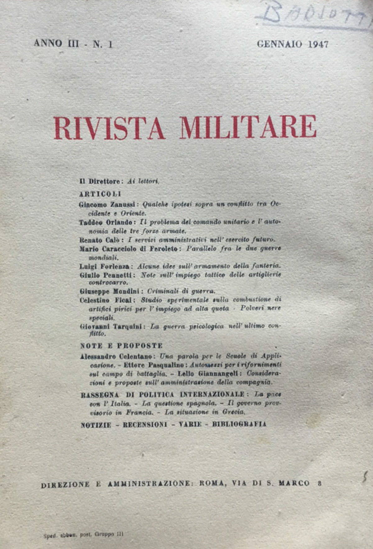 Rivista Militare Anno III n. 1 gennaio 1947