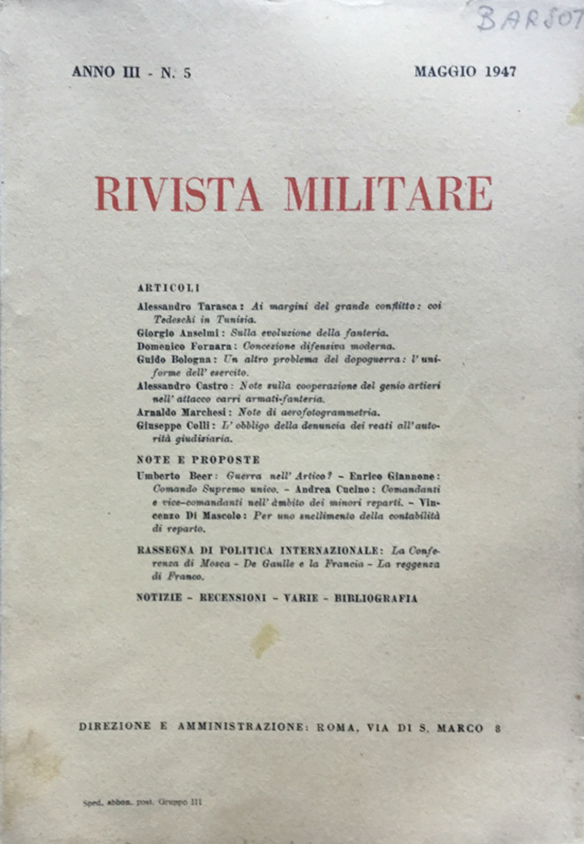Rivista Militare Anno III n. 5 Maggio 1947