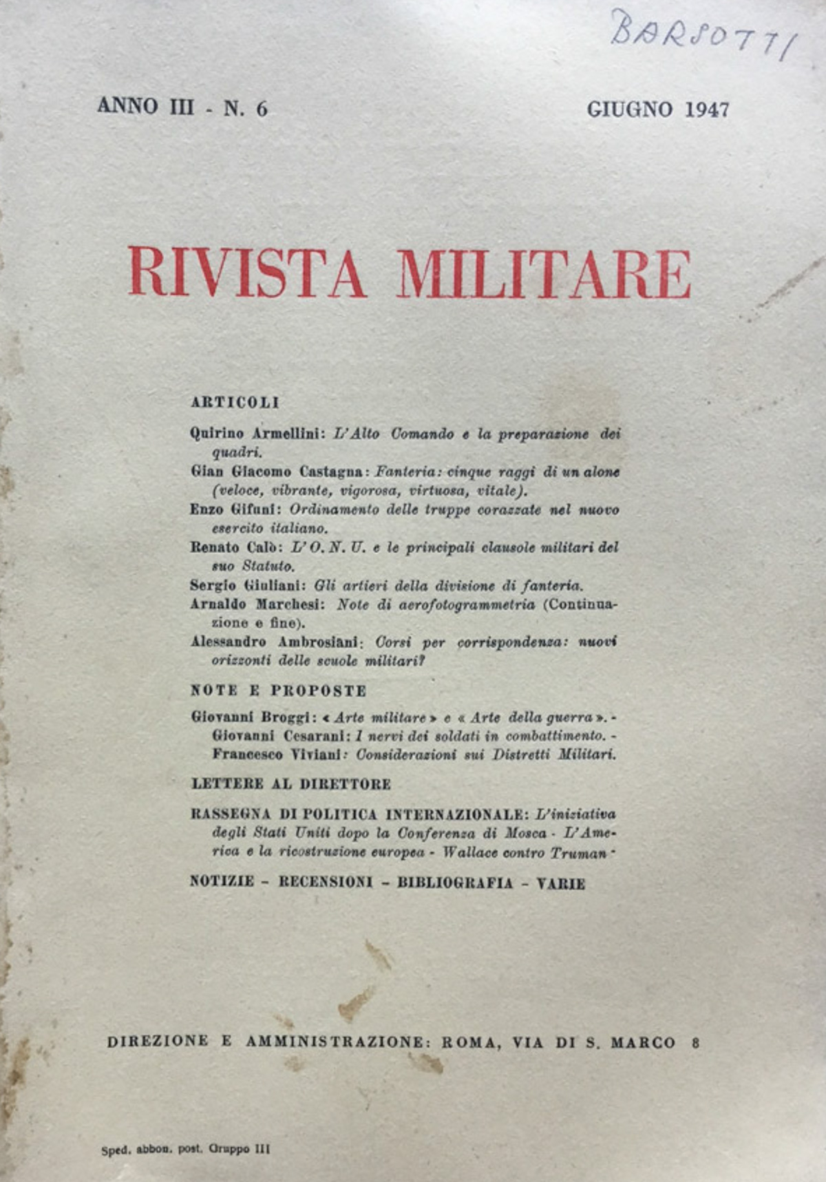 Rivista Militare Anno III n. 6 Giugno 1947