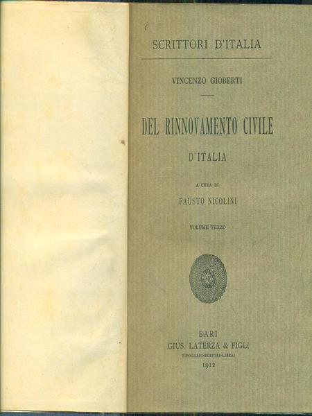 Del rinnovamento civile d'Italia volume terzo