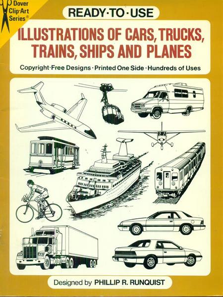 Illustrations of cards, trucks, trains, ships and planes