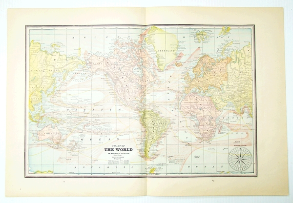 1889 Color Chart (Map) of the World on Mercator's Projection