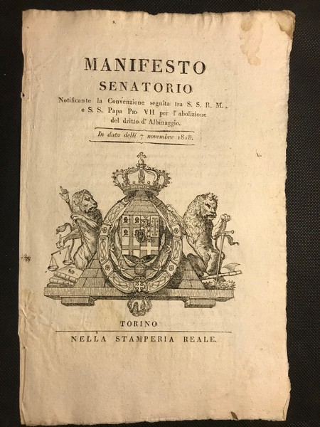 [albinaggio] MANIFESTO SENATORIO Notificante la Convenzione seguita tra S.S.R.M. Il …