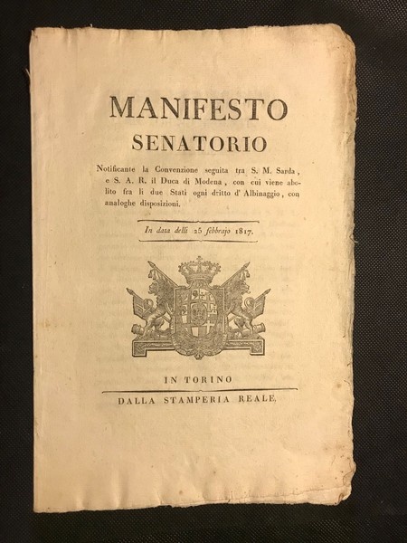 [albinaggio] MANIFESTO SENATORIO Notificante la Convenzione seguita tra S.M. Sarda, …