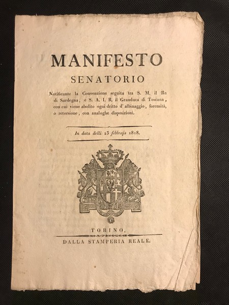 [albinaggio] MANIFESTO SENATORIO Notificante la Convenzione seguita tra S.M. Sarda, …