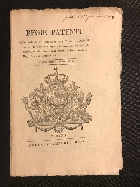 [alberghi] REGIE PATENTI Colle quali S.M. Conferisce alla Regia Segreteria …