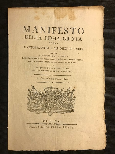[istituti di carità] MANIFESTO DELLA REGIA GIUNTA SOPRA LE CONGREGAZIONI …