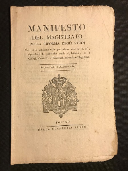 [università] MANIFESTO DEL MAGISTRATO DELLA RIFORMA DEGLI STUDJ Con cui …