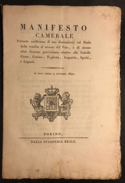 [vino, spiriti] MANIFESTO CAMERALE Portante notificanza di una diminuzione sul …