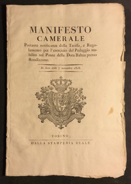 [Rondissone, Dora Baltea, Dazi] MANIFESTO CAMERALE Portante notificanza della Tariffa, …