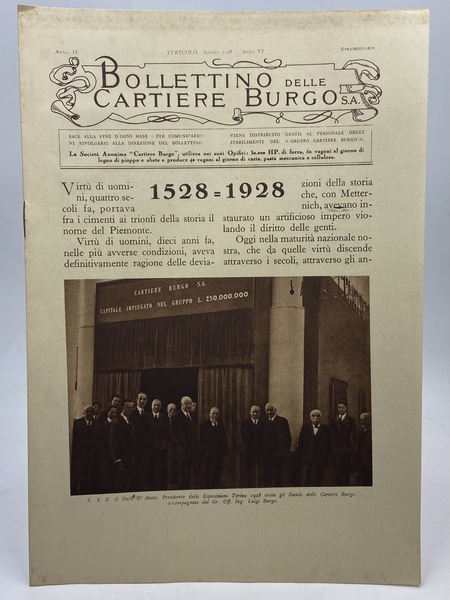 Bollettino delle Cartiere Burgo S.A. Anno IX Verzuolo, Agosto 1928. …