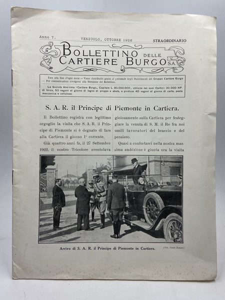 Bollettino delle Cartiere Burgo S.A. Anno 7. Verzuolo, Ottobre 1926. …