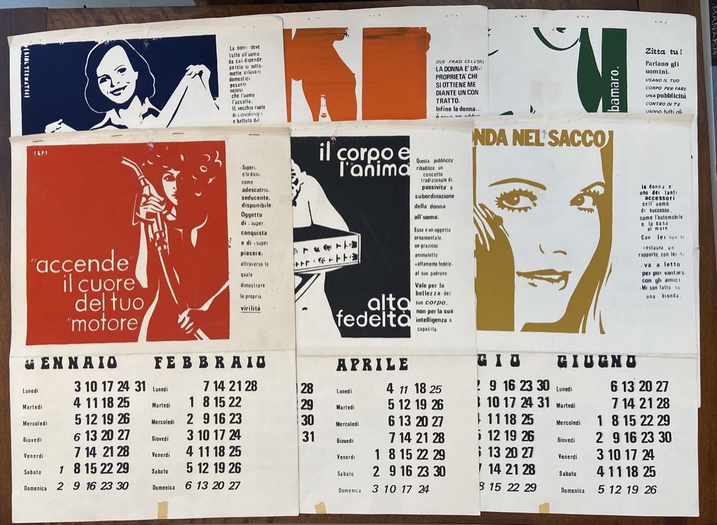 CALENDARIO FEMMINISTA SERIGRAFATO 1977 IN 6 FOGLI SLEGATI