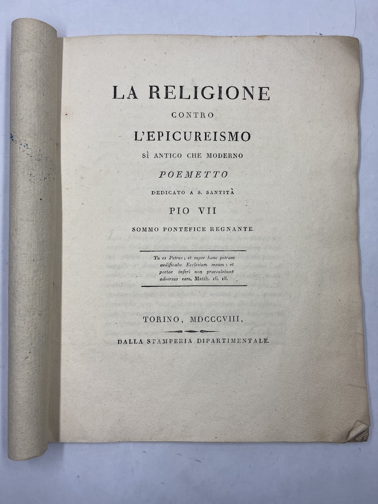 LA RELIGIONE CONTRO L’EPICUREISMO SÌ ANTICO CHE MODERNO. POEMETTO DEDICATO …