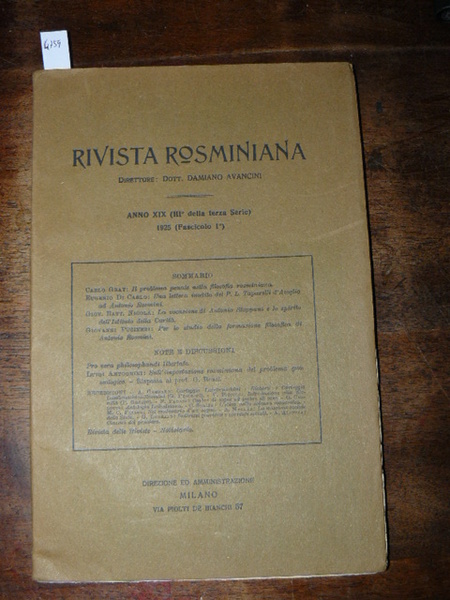 Rivista rosminiana. direttore dott. Damiano Avancini Anno XIX (III° fascicolo …