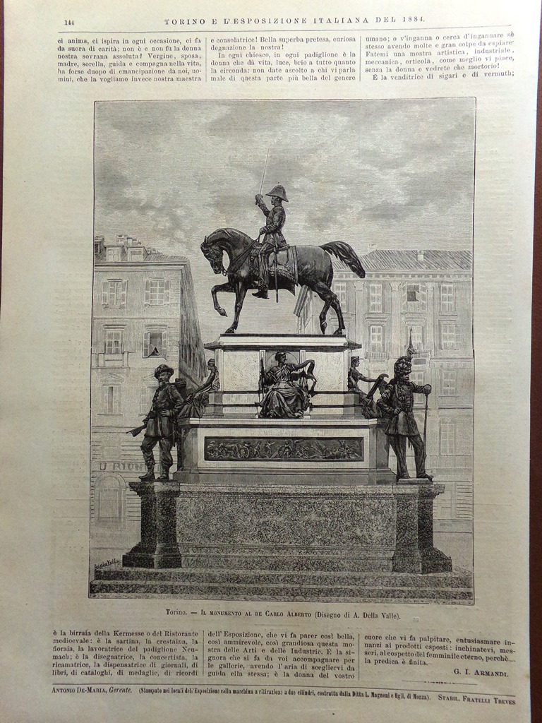 Stampa del 1884 Torino Il Monumento al Re Carlo Alberto …