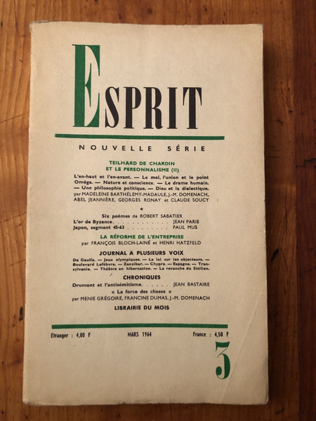 Revue Esprit Mars 1964, Teilhard de Chardin et le personnalisme …
