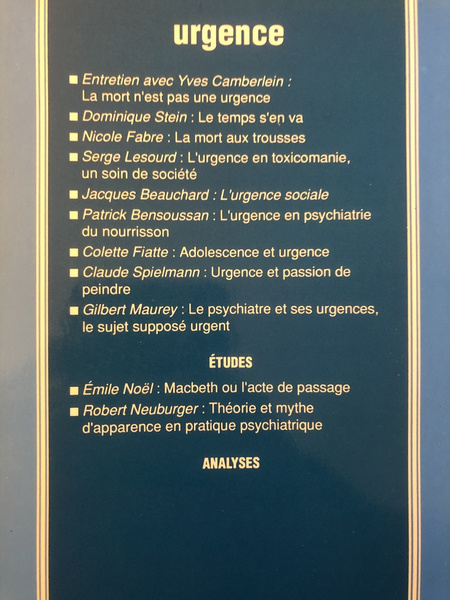 Etudes psychothérapiques Nouvelle Sérire N°2, Urgence