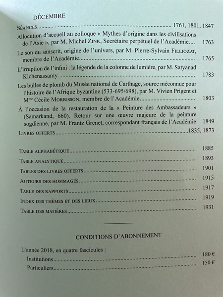 Comptes rendus de l'Académie des Inscriptions et Belles-Lettres Novembre-Décembre 2018