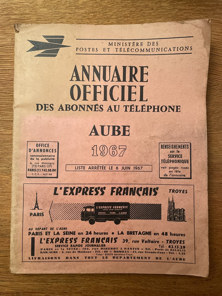 Aube 1967, Annuaire officiel des abonnés au téléphone