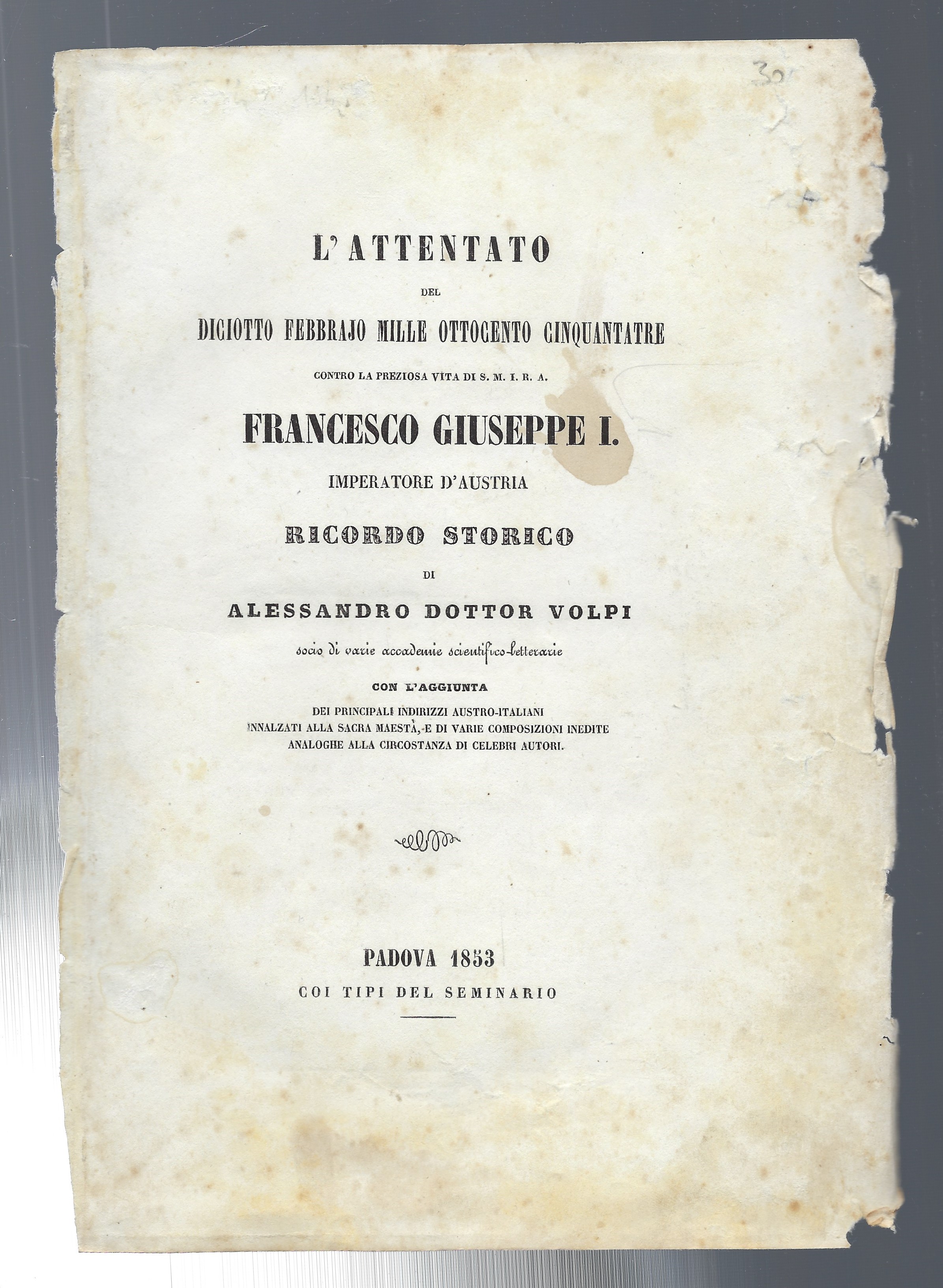 L'attentato del diciotto febbrajo mille ottocento cinquantatre