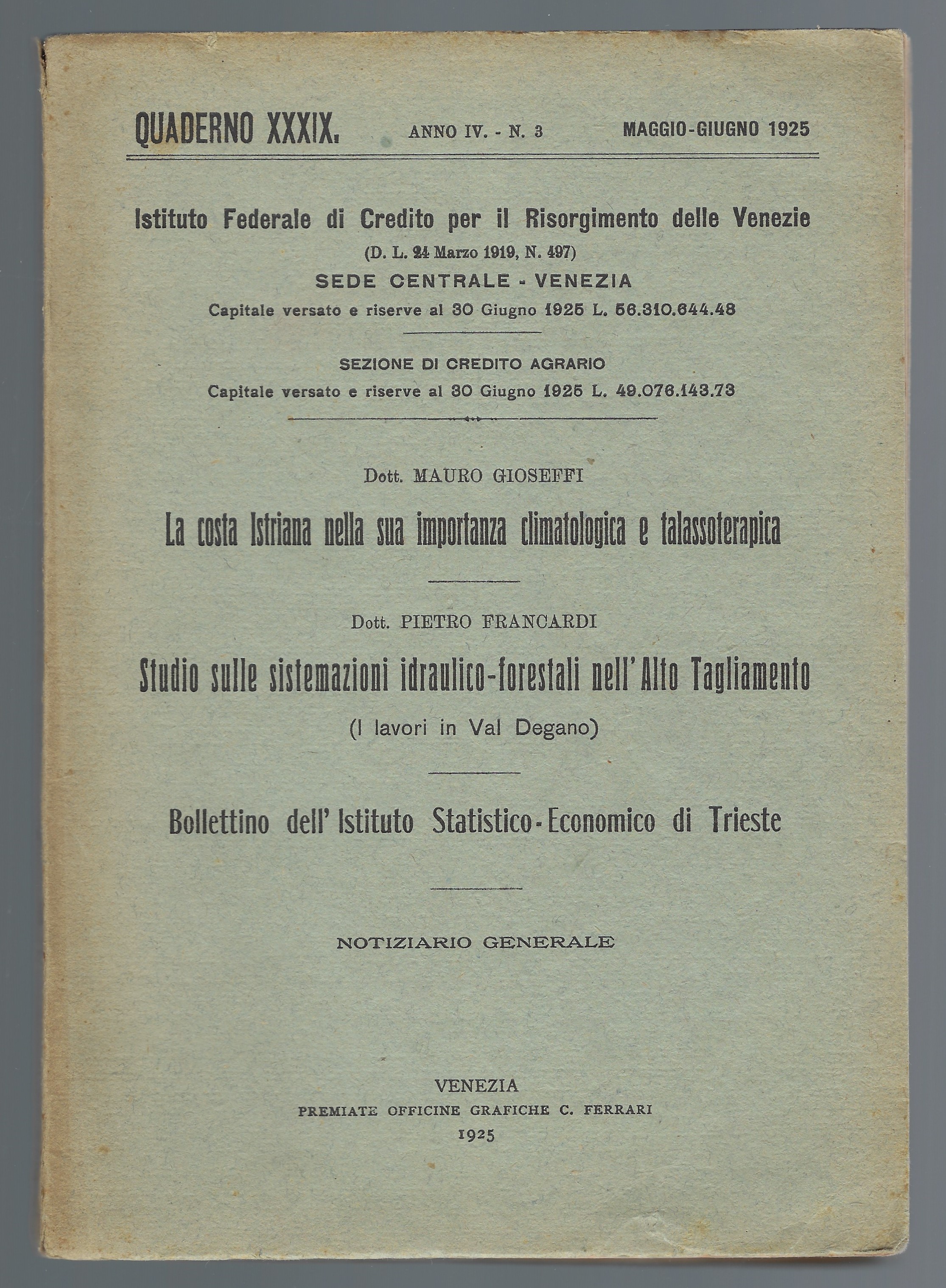 "Istituto Federale di Credito per il Risorgimento delle Venezie" Quaderno …
