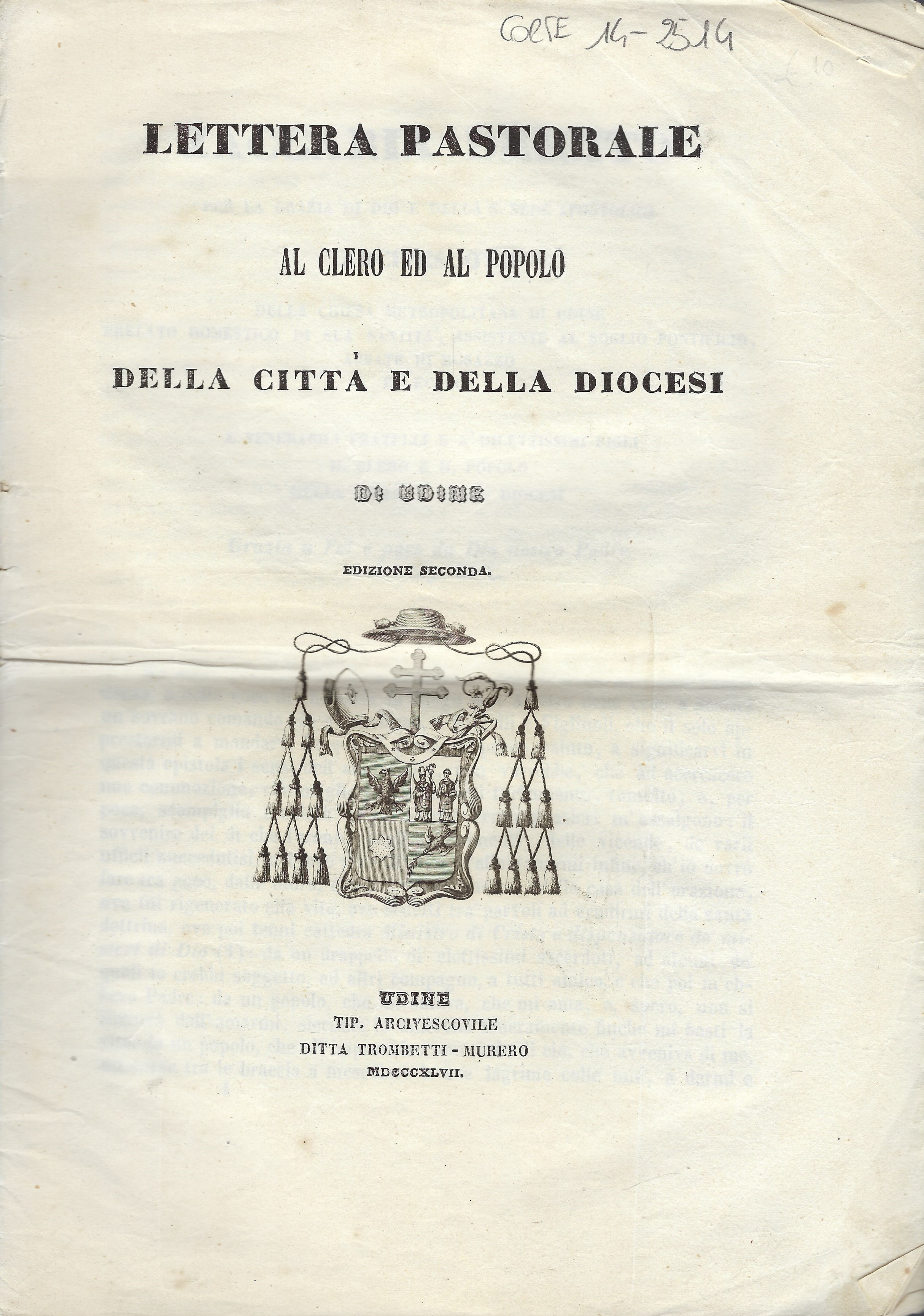 Lettera pastorale al clero ed al popolo della città e …