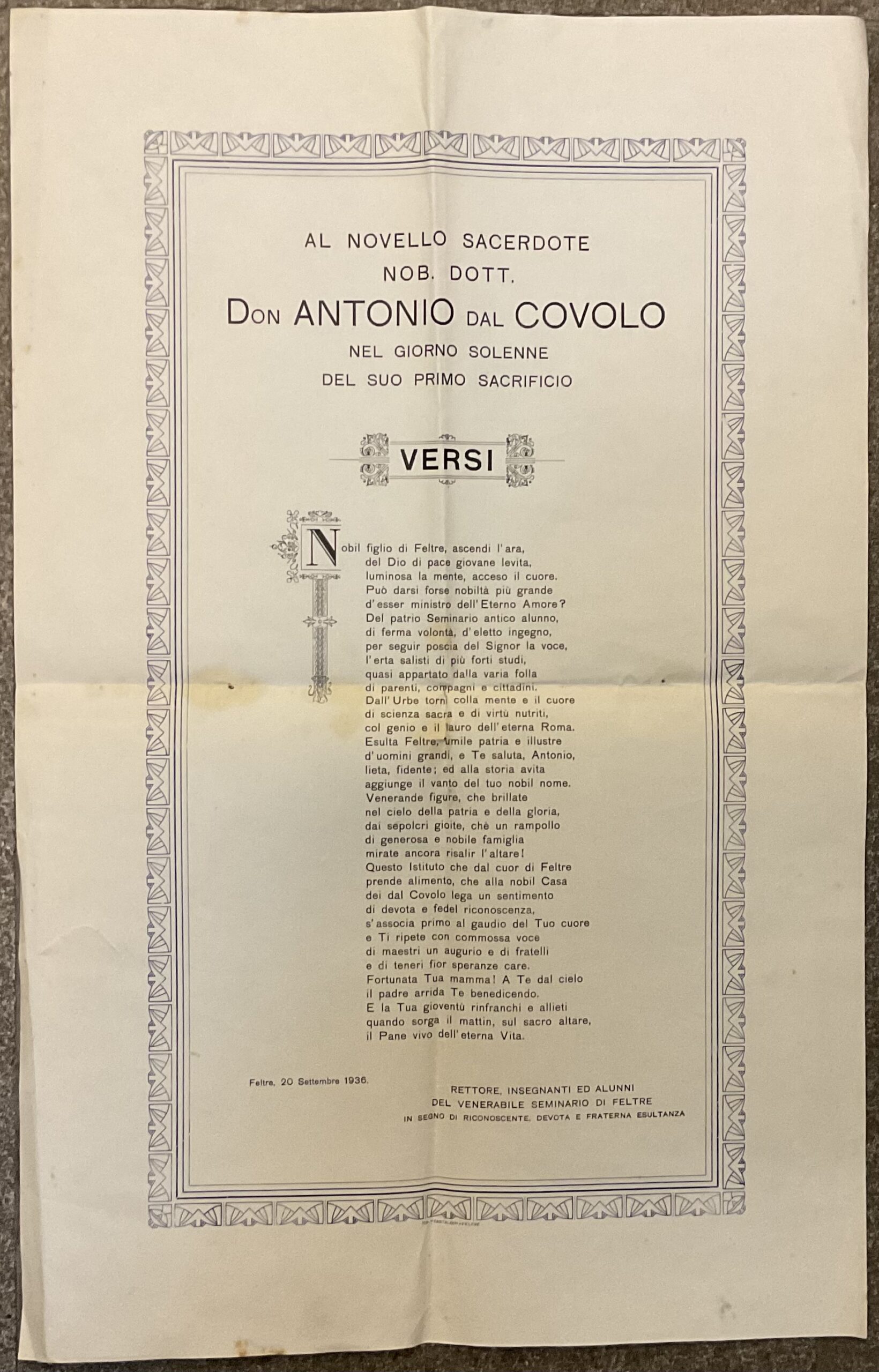 Al novello sacerdote Nob. Dott. Don Antonio Dal Covolo nel …