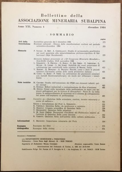 Associazione Mineraria Subalpina. Bollettino. Anno XXI Numero 4, dicembre 1984