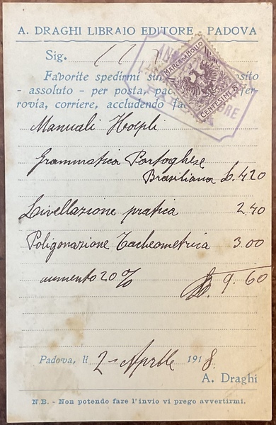 Cedola per commissioni librarie. Angelo Draghi Libraio - Editore, Padova. …