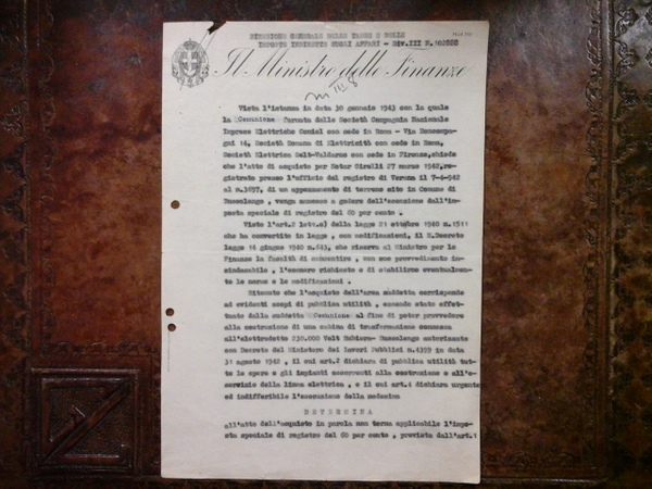 Documento autografo del Ministro delle Finanze Roma 4-9-1943