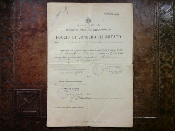 Foglio di congedo illimitato per fine ferma. Chioggia 16 Aprile …