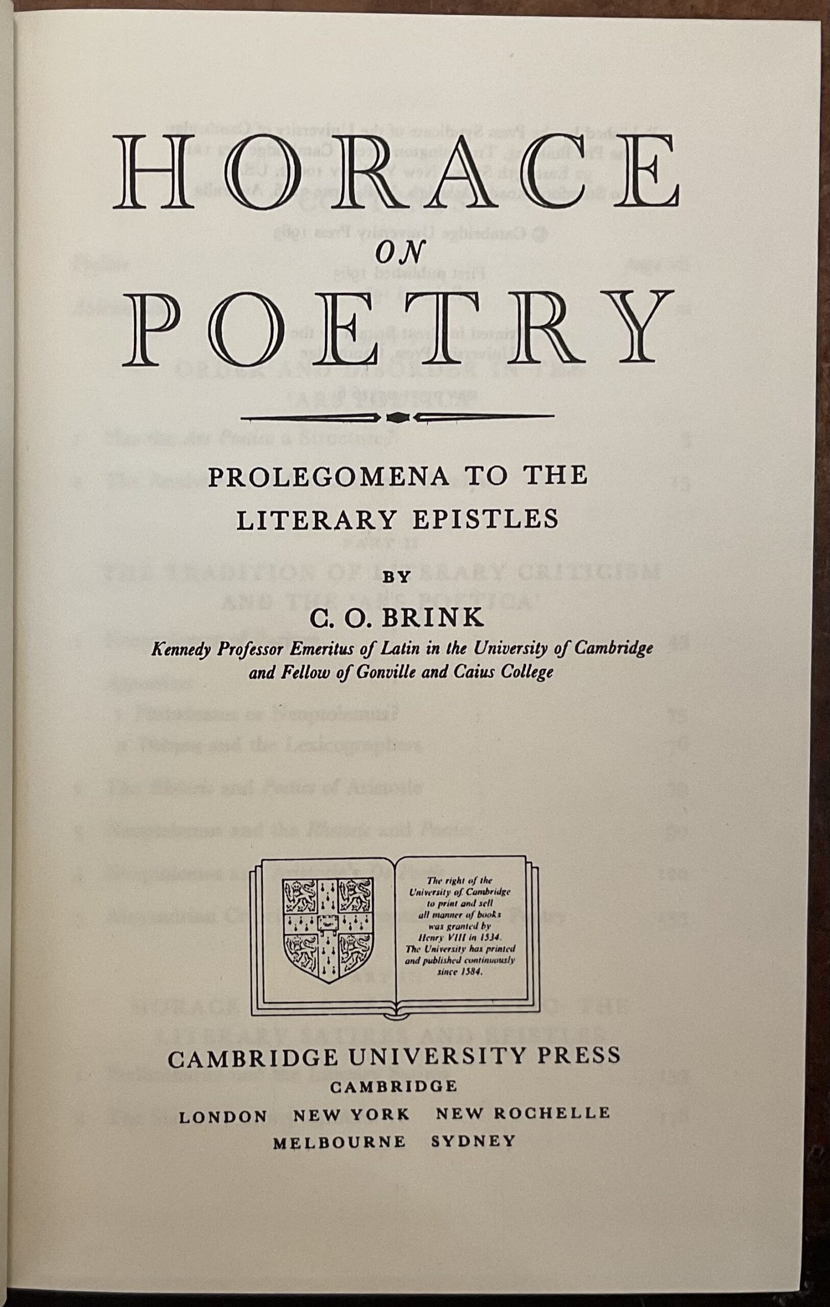 Horace on poetry. Prologomena to the literary epistles