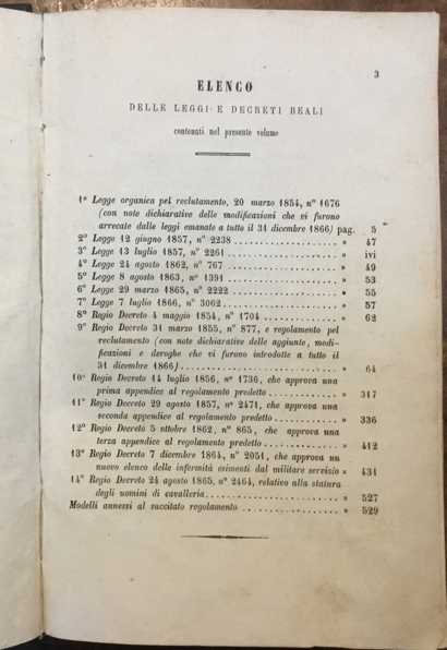 Leggi e decreti reali concernenti il reclutamento militare