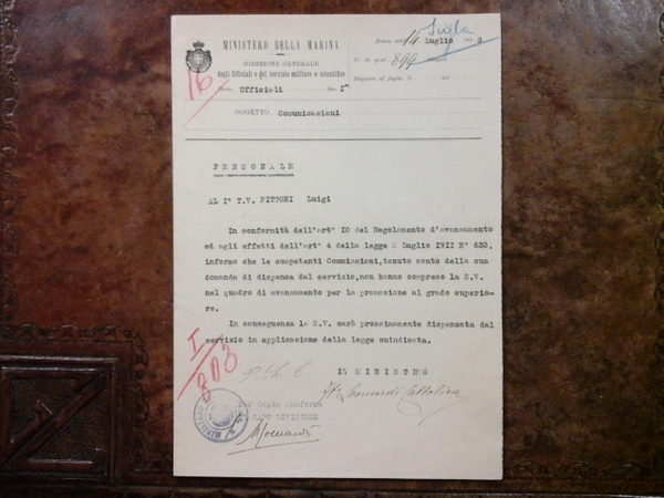 Ministero della marina. Comunicazione firmata dal Ministro della Marina Leonardi …