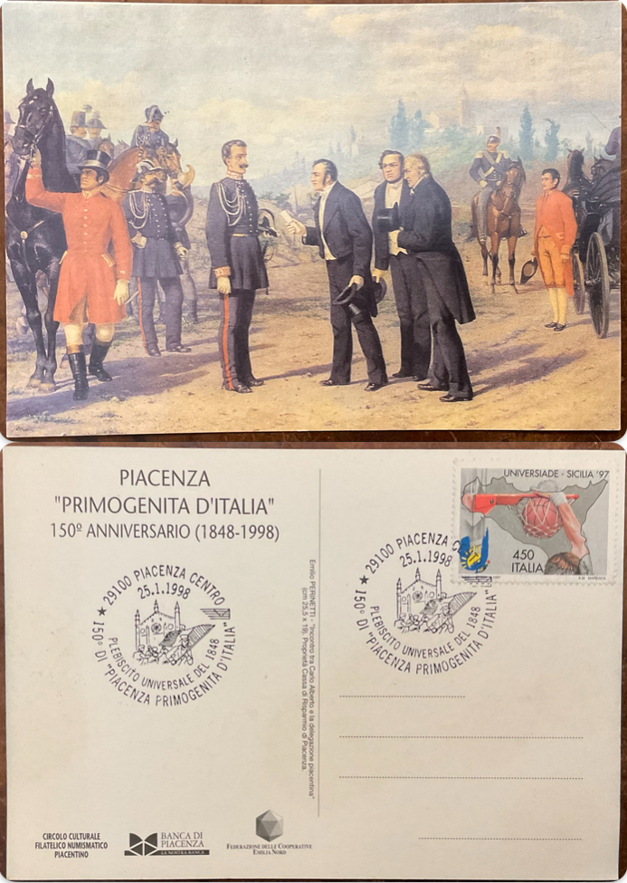 Piacenza “Primigenita d’Italia” 150° anniversario (1848-1998). Cartolina annullo celebrativo 1998