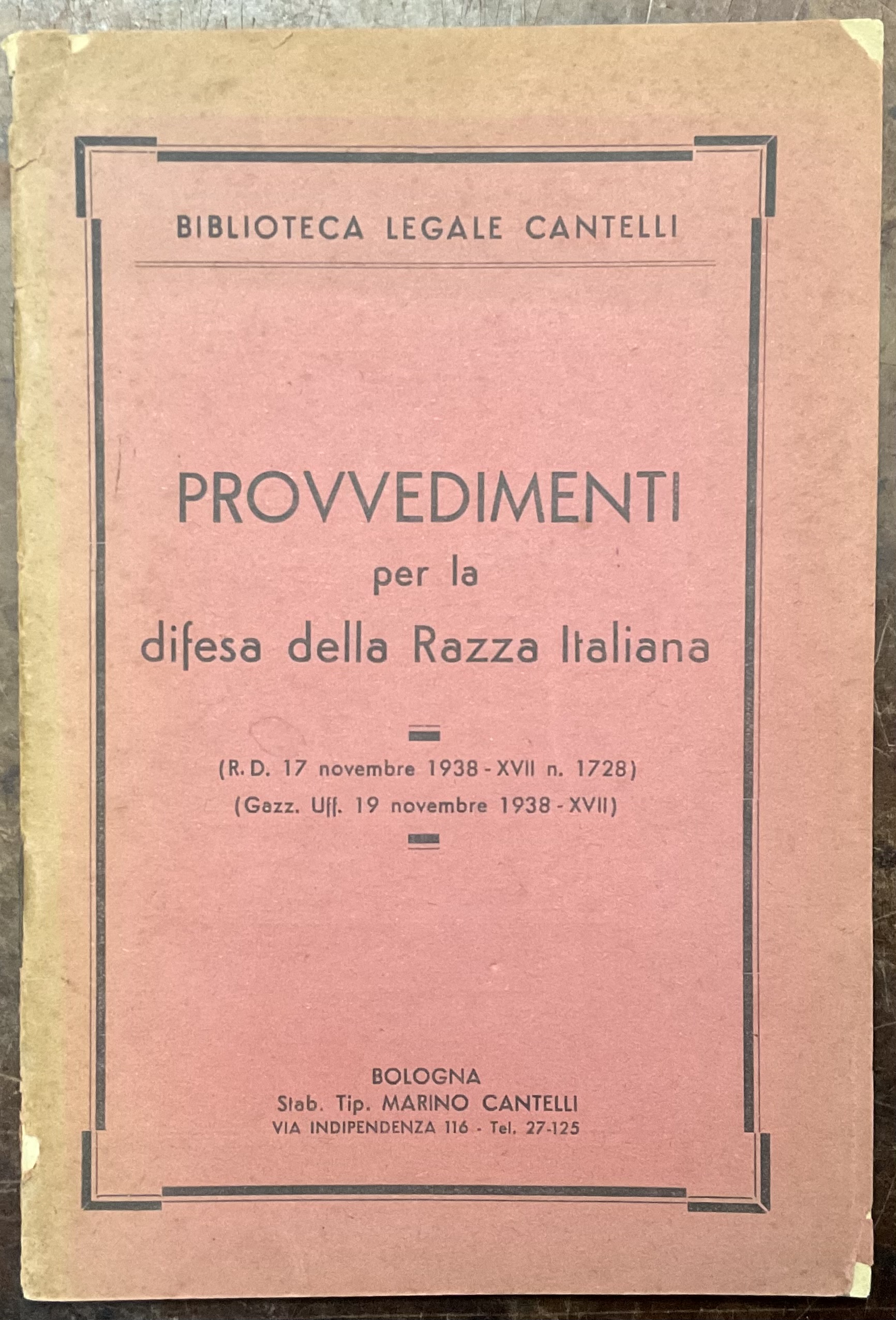 Provvedimenti per la difesa della razza italiana. R. D. 17 …
