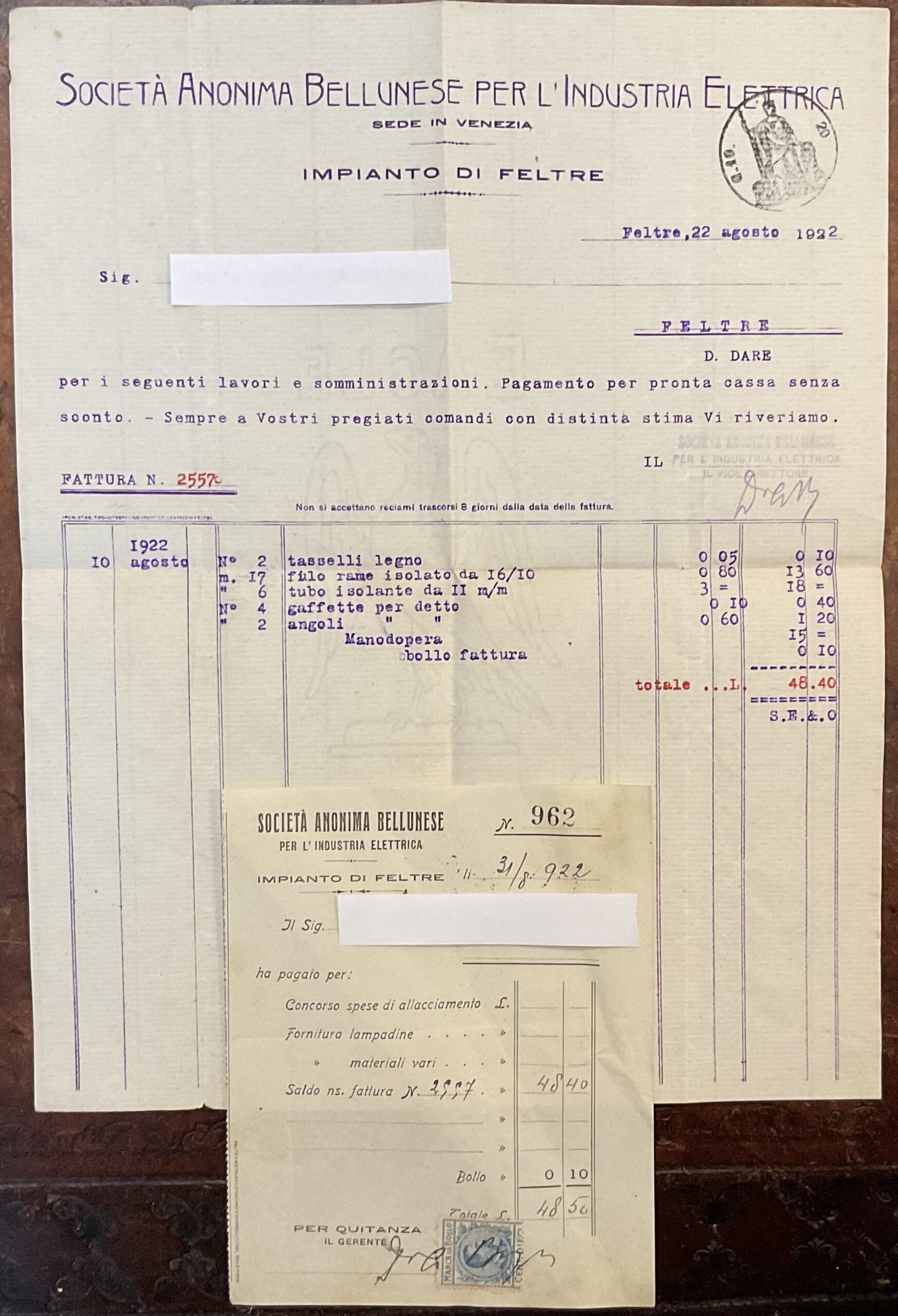 Società Anonima Bellunese per l’Industria Elettrica. Impianto di Feltre. Fattura …