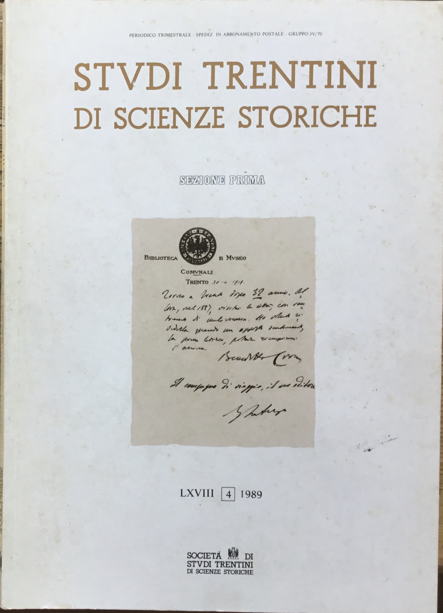 Studi Trentini di Scienze Storiche. LXVIII 4 1989. Sezione prima.