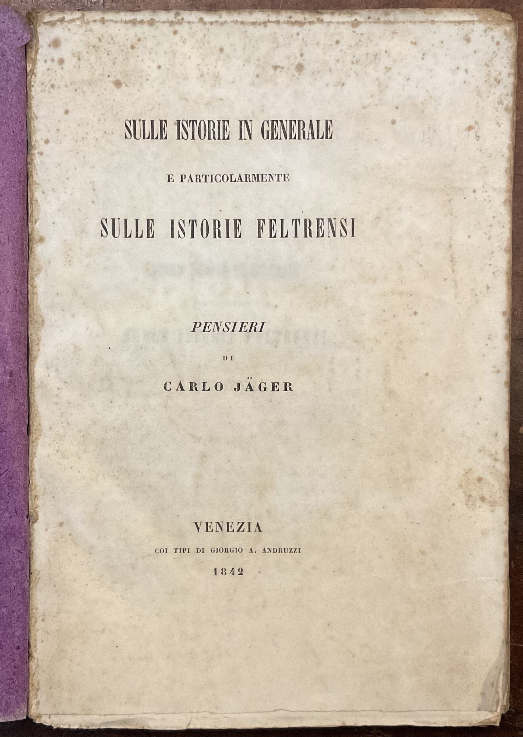 Sulle Istorie in generale e particolarmente sulle istorie feltrensi. Pensieri