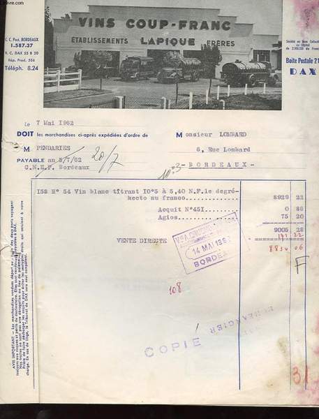1 FACTURE ANCIENNE - VINS COUP-FRANCE ETABLISSEMENTS LAPIQUE FRERES
