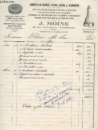 1 FACTURE ANCIENNE FONDERIE DE BRONZE, CUIVRE, NICKEL ET ALUMINIUM, …
