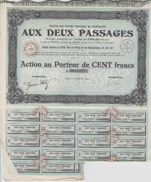 1 ACTION AU PORTEUR DE CENT FRANCS - AUX DEUX …