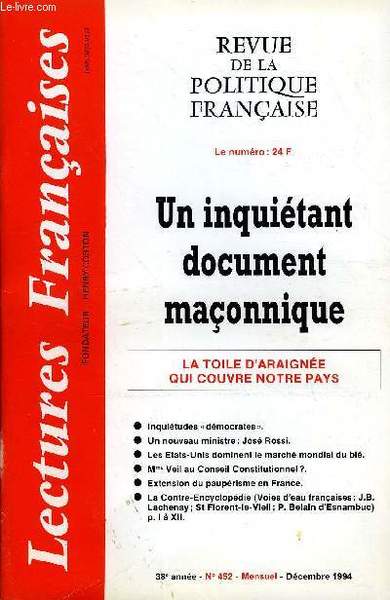 LECTURES FRANCAISES N� 452 - UN INQUIETANT DOCUMENT MACONNIQUE, LA …