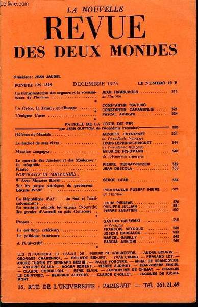 LA NOUVELLE REVUE DES DEUX MONDES N�12 - La transplantation …