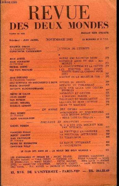 REVUE DES DEUX MONDES N�11 - MAURICE DRUON de l�Acad�mie …