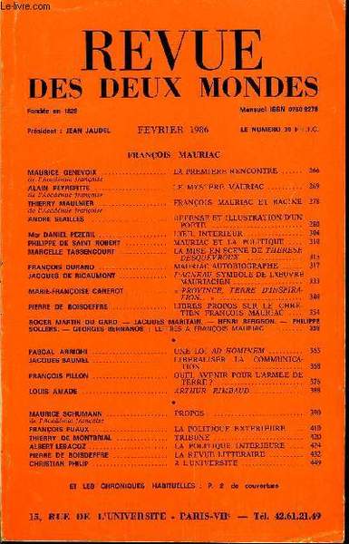 REVUE DES DEUX MONDES N�2 - FRAN�OIS MAURIACMAURICE GENEVOIX de …