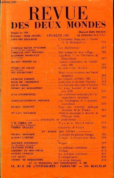 REVUE DES DEUX MONDES N�2 - EDOUARD BALLADUR. L��conomie fran�aise …