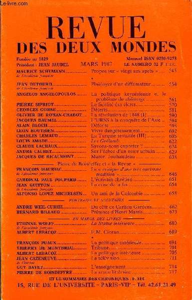 REVUE DES DEUX MONDES N�3 - MAURICE SCHUMANN de l�Acad�mie …